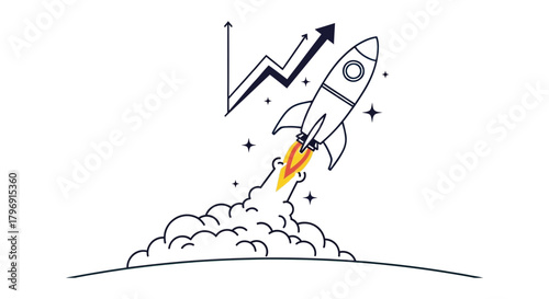 A stylized doodle illustration of a rocket ship soaring upwards, representing a successful business launch with an ascending arrow graph icon