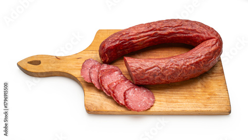 smoked sausage ring on a white isolated background