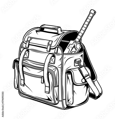 A detailed monochrome illustration of a cricket kit bag with a bat handle showing, showcasing professional sports equipment and athletic gear in a classic sketch style