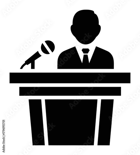 Speaker Silhouette at Podium with Microphone Public Speaking, Political Presentation, and Conference Event Icon