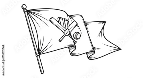Cricket flag with crossed bats and ball waving in the wind, representing sports and games with a classic, vintage artistic illustration style