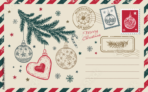 Vintage Hand-Drawn Christmas Postcard with Ornaments and Stamps