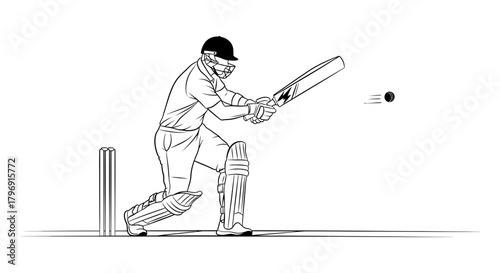 Detailed line art illustration of a professional cricket batsman in full gear hitting a ball with a bat. This minimalist vector drawing shows the player's dynamic batting stance