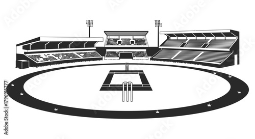 Black and white graphic illustration of a cricket stadium with stands, field, and boundary, suitable for sports and event promotions