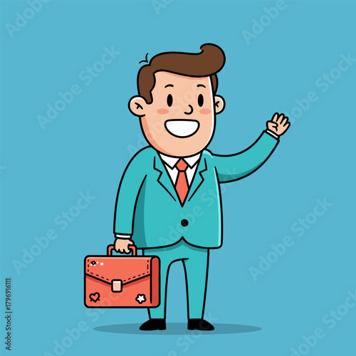 Smiling cartoon businessman in a teal suit waves, holding an orange briefcase. Vector illustration.