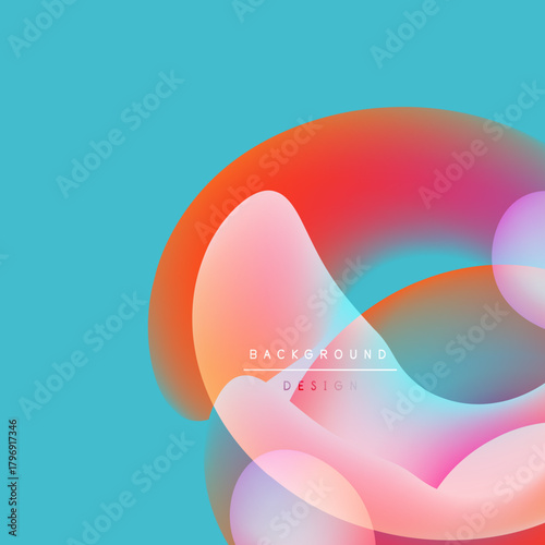 Abstract fluid shapes overlap, creating vibrant color gradients. Turquoise background complements warm pinks, oranges, purples. Modern design element.