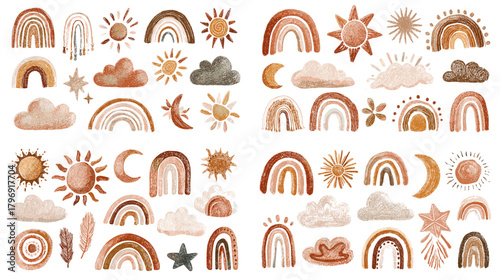Watercolor boho rainbow and celestial clipart with suns, moons, clouds, and stars in warm neutrals. Ideal for nursery decor, invitations, stickers, patterns, and branding.