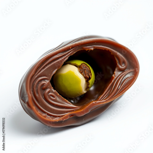 A broken chocolate shell revealing a vibrant green pistachio nut inside
