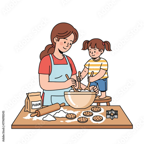 Mother and daughter baking cookies together in the kitchen, a heartwarming family activity.