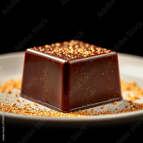 A decadent chocolate square with golden dust elegantly presented on a white plate
