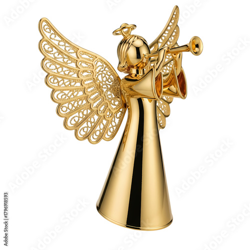 Elegant golden angel figurine blowing trumpet, spreading holiday cheer and announcing festive celebrations with detailed ornate wings.