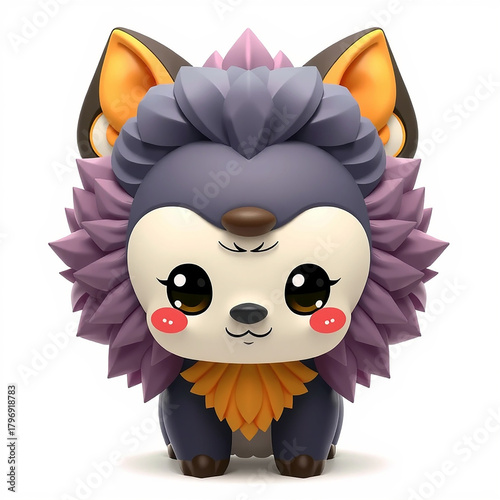 Adorable cartoon wolf pup with big eyes and spiky purple mane