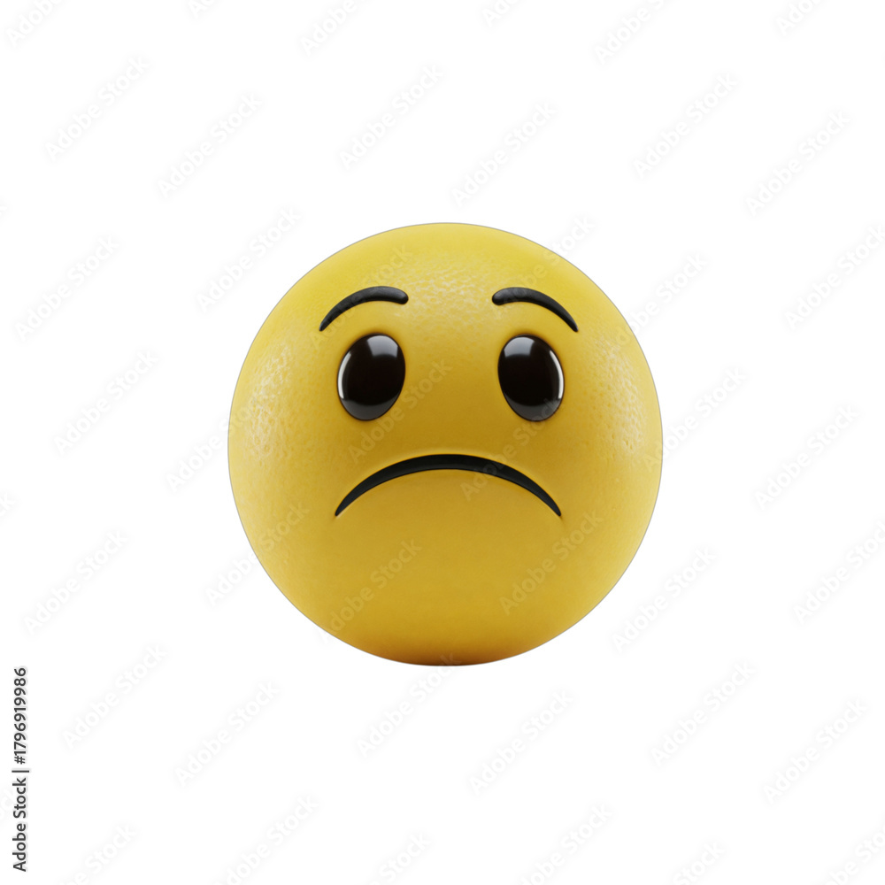 Fototapeta premium A sad yellow emoji face with droopy eyes and a downturned mouth expressing disappointment and unhappiness isolated on transparent background