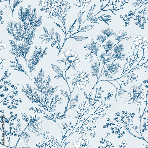 Vintage Blue Toile Christmas Floral Seamless Pattern 25 with Winter Flowers, Holly Berries and Evergreen Branches
A beautifully detailed vintage blue toile Christmas seamless pattern featuring hand-dr
