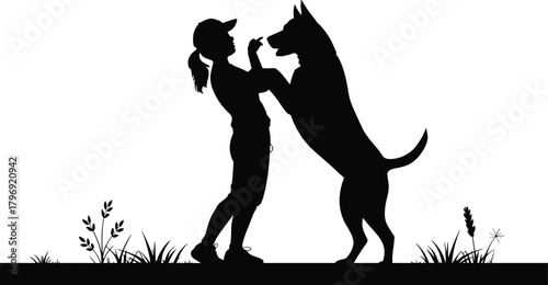 Silhouette girl training large dog outdoors, playful bonding moment, pet obedience, standing interaction, nature background illustration