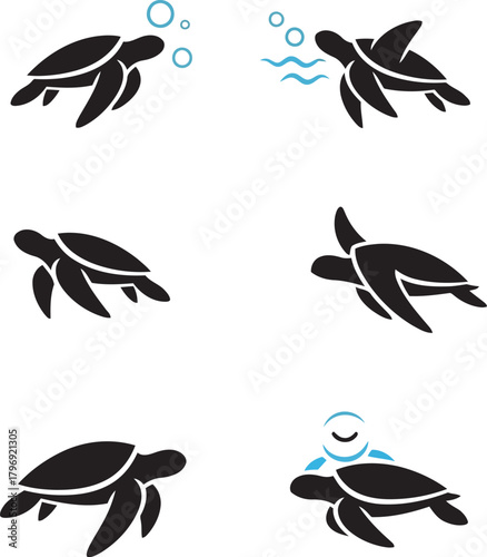 Six stylized black sea turtles with blue water elements