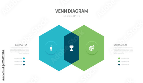 Hexagon venn diagram infographic template 2 area options business infograph vector illustration.