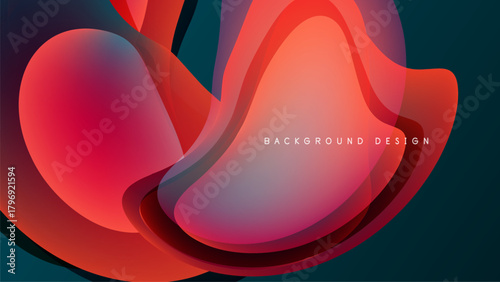 Abstract fluid shapes overlap, creating vibrant gradients. Red, pink, teal hues blend into dark background. Modern design element.