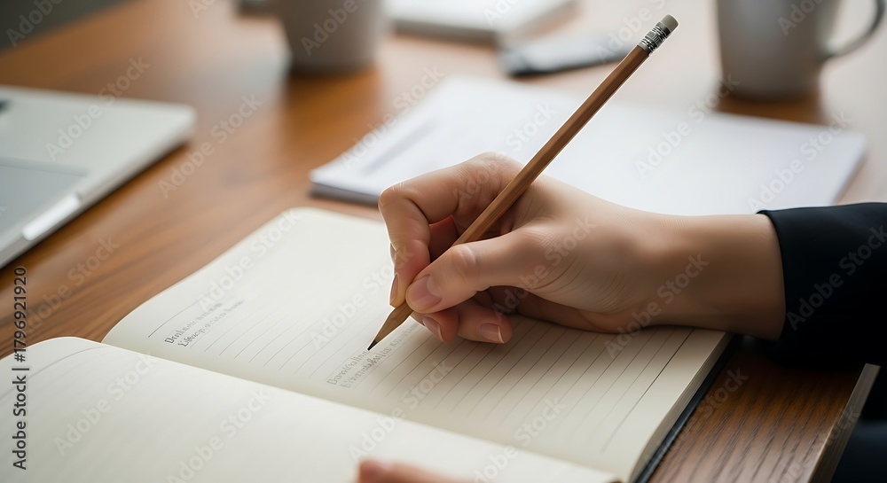 Fototapeta premium Hand writing in notebook with pencil on wooden desk.