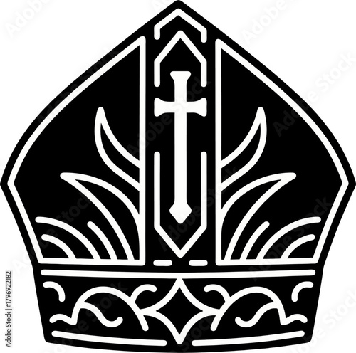 Symmetrical Bishop Mitre Hat Vector with Cross and Flame Ornament