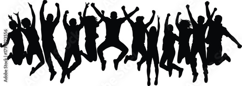 Silhouette group of excited people jumping together in celebration, energetic crowd expressing joy, unity, happiness, teamwork concept illustration