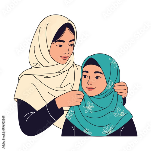 An illustration of a mother gently adjusting her daughter's teal hijab, both smiling warmly.