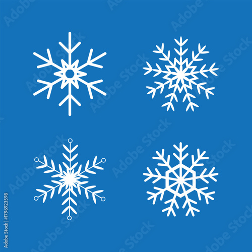 Collection of White Snowflake Icons on Blue Background