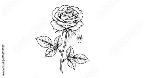 Intricate rose illustration with spider web and spider evokes dark elegance for gothic themes