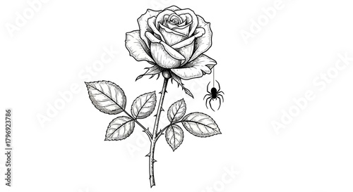 Detailed Monochrome Drawing Featuring a Rose and Spider in Artistic Composition