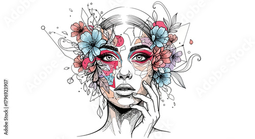 Watercolor Woman Portrait with Floral Adornments, a Blend of Beauty and Artistry
