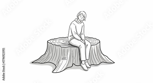 Pensive woman seated on a tree stump in monochrome illustration depicting solitude