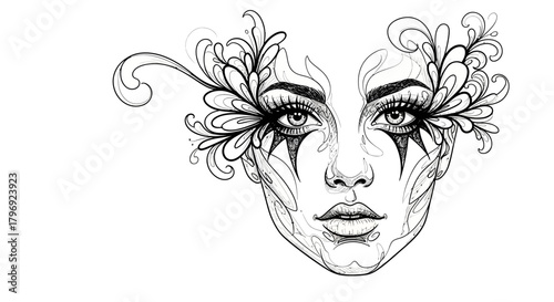 Elegant monochrome portrait of a woman adorned with flowing floral details and eye makeup