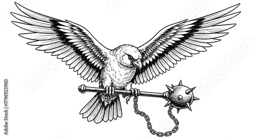 Sharp feathered bird carrying a spiked mace, embodying power and medieval fantasy elements,