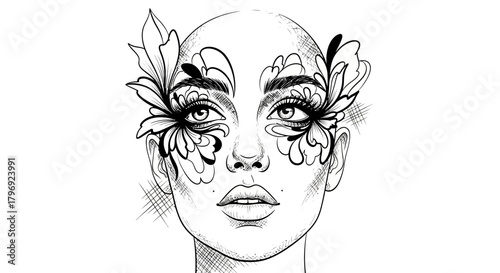 Artistic floral face illustration in grayscale featuring intricate designs and feminine elegance