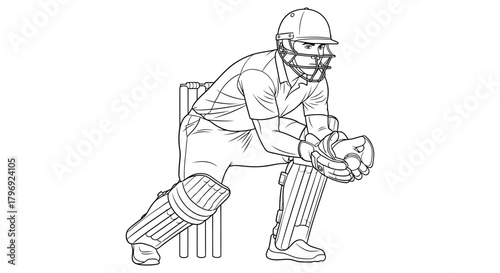 Line art illustration of a focused cricket wicket-keeper in protective gear, crouching behind the stumps, ready to catch the ball during an active sports game