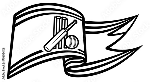 Cricket Flag Logo Symbolic Representation of Cricket Equipment - A Whimsical Design for Clubs and Teams, Displaying the Cricket Bat, Ball, and Wickets with Ribbons