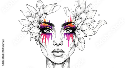 Abstract portrait of a woman adorned with floral elements and vibrant splashes of color for