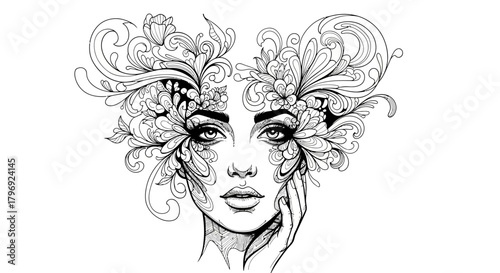 Monochrome portrait of a woman adorned with intricate floral patterns and vintage aesthetics