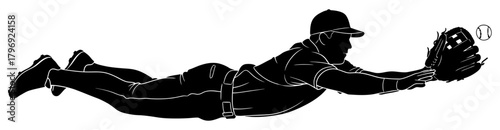 Silhouette of a baseball player diving to catch a ball, showcasing athletic agility and the intense focus required in the sport during a game