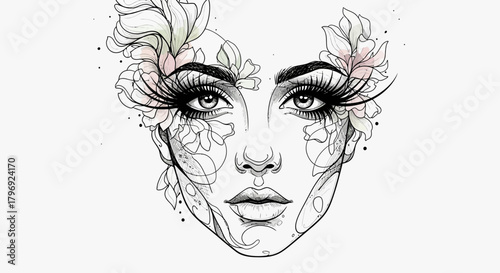 Ethereal beauty showcased in delicate watercolor floral portrait with expressive eyes and