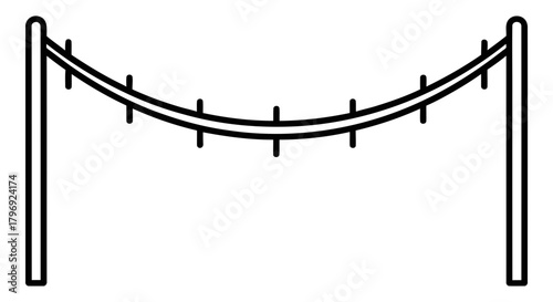 Monochrome outline illustration of a suspension bridge walkway. A minimalist vector design element representing a path, journey, or simple obstacle