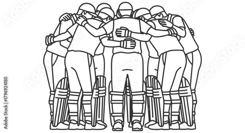 Sports team huddle drawing, capturing the essence of unity, teamwork, and strategic planning before a crucial match, showcasing athletic camaraderie