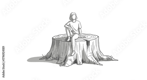 Serene illustration of a figure perched atop a weathered tree stump in tranquility