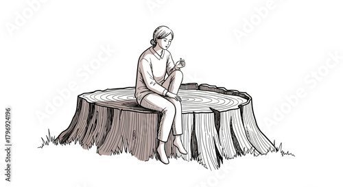 Solitude and Contemplation: A woman's moment of reflection on a tree stump illustration