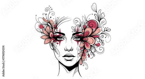 Floral adornments on a woman's face, an intricate illustration with artistic expression and elegance