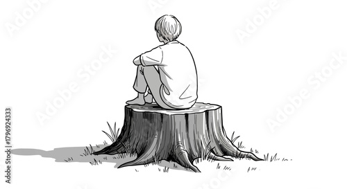 Contemplative figure perched atop a rustic tree stump amidst quiet solitude scenery