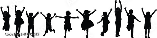 Silhouette group of happy children jumping and playing together, joyful kids celebration scene, energetic youth movement vector illustration design