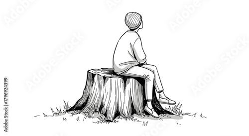 Sketch of a solitary figure perched upon a weathered tree stump in thoughtful repose