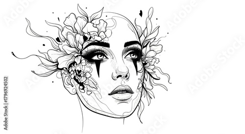 Monochrome floral fantasy portrait evoking mystic beauty and intricate linework style
