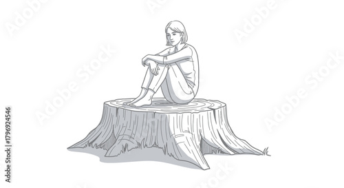 A solitary woman contemplates on a tree stump capturing a moment of introspective stillness